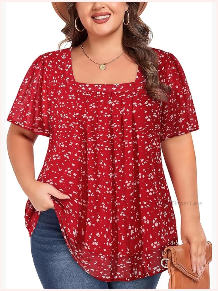 Plus Size Chiffon Square Neck Short Sleeve Blouse Tunic